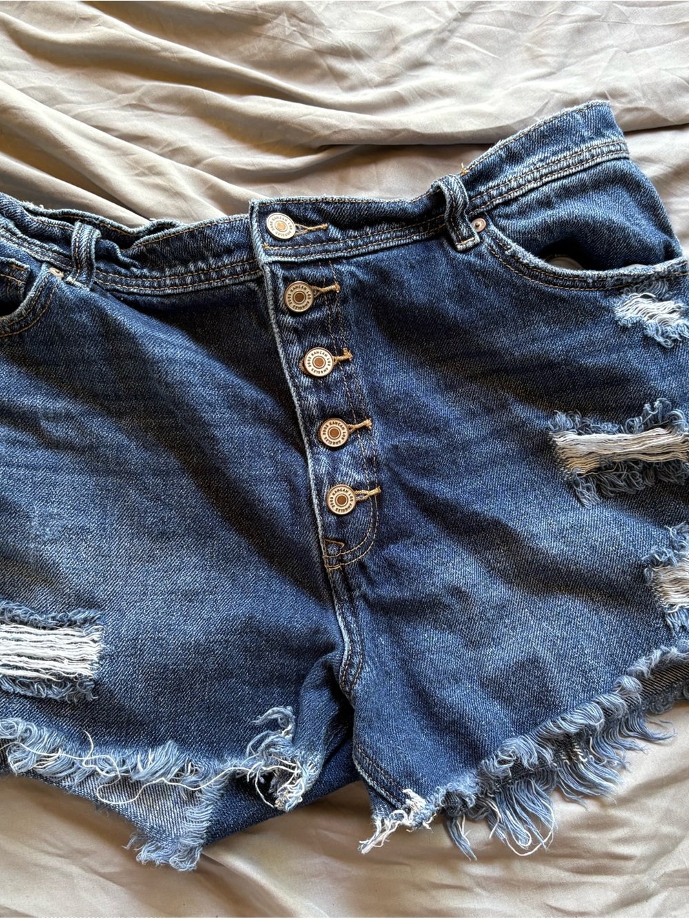 KanCan Dark Blue High Waist Distressed Button-Front Shorts
